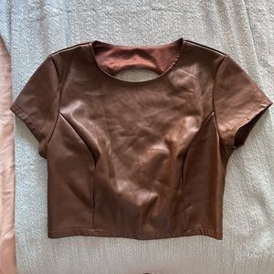 Kirious Brown Leather Backless Crop Top